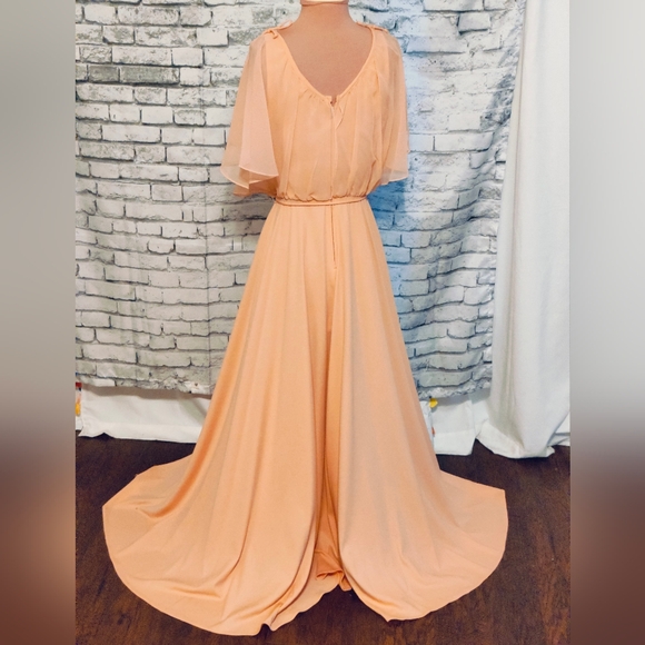 Vintage 70s melon Maxi Dress chiffon cape Super full   skirt shoulder ties SM - Picture 7 of 12